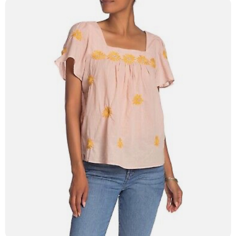 Madewell Pink Blouse with Yellow Floral Embroidery